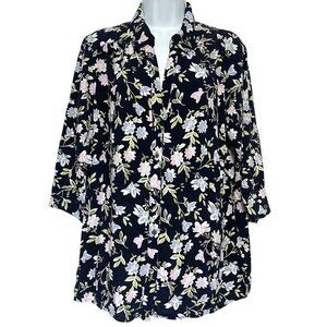 J Jill Button Up‎ Tunic Top Womens 1X Blue Dark Floral Blouse Cottagecore Office